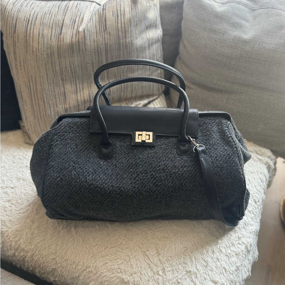 Club Monaco Black Woven Travel Satchel with Leather Trim